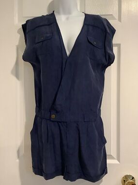 FOREVER TWENTYONE 100% Silk Blue Deep V Neck Nautical Coastal Summer Romper S